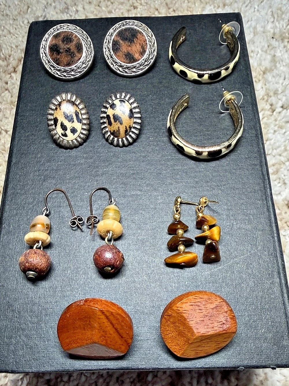 Lot of 6 Mixed Statement Earrings-animal print and wood mixed beads